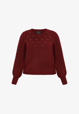 Burgundy kötött pulóver kerek nyakkivágással, hosszú puffos ujjakkal és díszítő ezüst gyöngyökkel az elején. Puha tapintás, rövidített fazon.