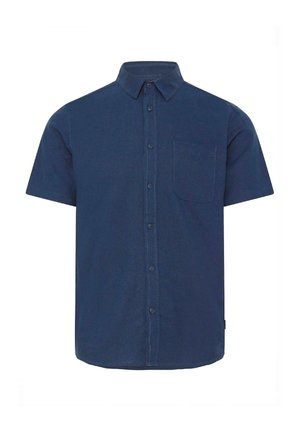 Cămașă cu mâneci scurte, din țesătură bleumarin închis, design cu nasturi, un buzunar la piept, guler standard și detaliu de cusături curate.