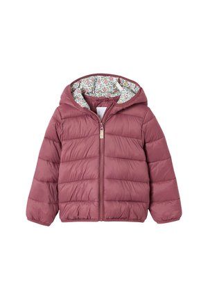 Child’s mauve padded jacket with hood, front zipper, and floral patterned inner lining on the hood and collar.