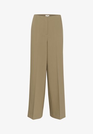 Kakijų plačios kojos kelnės, pagamintos iš lygaus audinio. Lengva prekinė siūlė ir plokščia juosmens juosta. Nėra matomų kišenių ar aksesuarų.