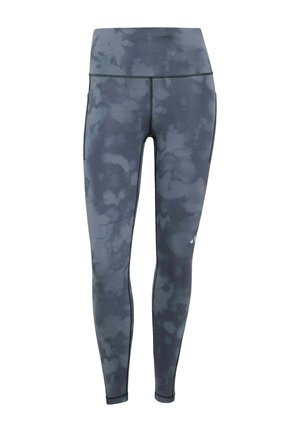 Donkergrijze tie-dye legging met hoge taille, volledig lang, met zijzakken en zichtbare naaddetails.