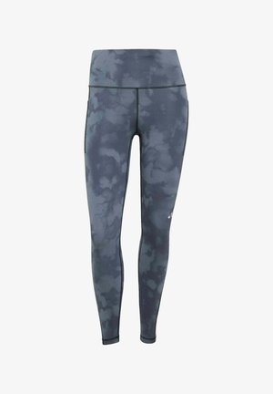 Donkergrijze tie-dye legging met hoge taille, volledig lang, met zijzakken en zichtbare naaddetails.