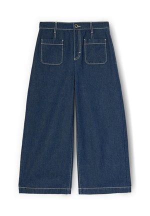 Szerokie spodnie z denimu w ciemnym niebieskim kolorze, z przednimi naszywanymi kieszeniami, widocznym białym przeszyciem, szlufkami na pasek i zapięciem na guzik.