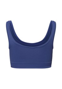 Blå bomullssport-bra med rundad halsringning, breda axelband och sömlös design. Har en åtsittande silhuett och elastisk nederkant.