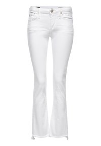 Witte denim jeans met een lichte flare, vijf-pocket stijl, knoopsluiting en ruwe, franjes aan de zomen.