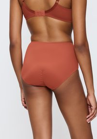 Hoog gesneden bikini-broekje in een warme roodbruine tint. Glad, rekbaar materiaal met een geplooid detail aan de achterkant voor extra vorm.