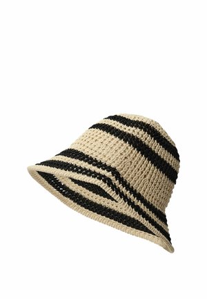 Beige og sort stribet hæklet bøllehat med bred, let slap skyggekant.