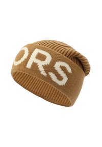 Brown knit beanie with a rolled cuff, featuring large white lettering on the band. Textured fabric with ribbed detailing.