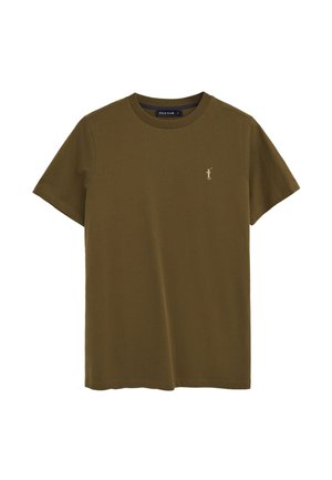 Schlichtes olivgrünes T-Shirt mit kurzem Ärmel und Rundhalsausschnitt mit kleinem gesticktem Polo-Spieler-Logo auf der linken Brust.