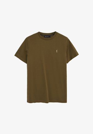 Schlichtes olivgrünes T-Shirt mit kurzem Ärmel und Rundhalsausschnitt mit kleinem gesticktem Polo-Spieler-Logo auf der linken Brust.