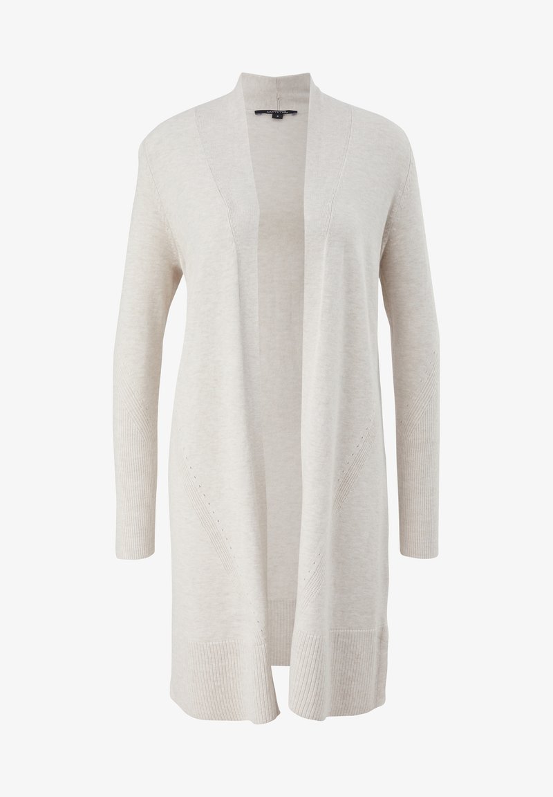 Cardigan beige en maille à manches longues avec devant ouvert, poignets et ourlet côtelés, et détails subtils de points diagonaux sur le devant et les manches.