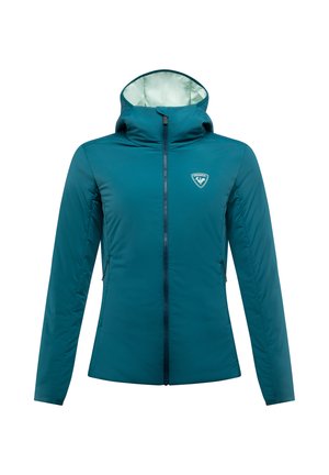 Türkise, isolierte Jacke mit Kapuze, ausgestattet mit einem durchgehenden Reißverschluss, Seitentaschen und einem Logo auf der Brust. Glattes, leichtes Material.