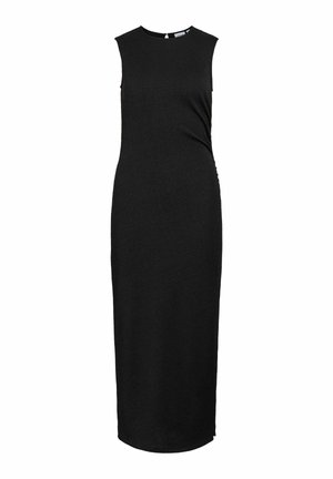 Robe midi noire sans manches avec col rond et fronces latérales subtiles, silhouette ajustée et fermeture éclair au dos.