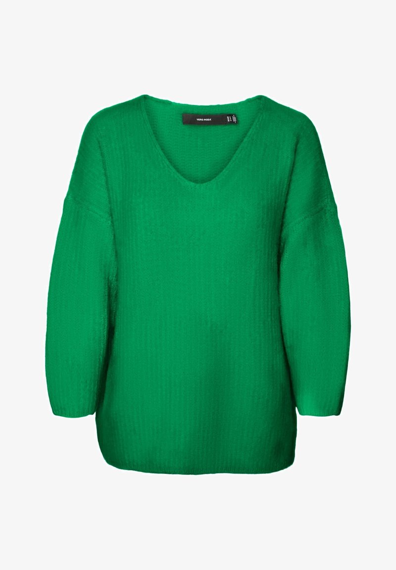 Pull tricot vert avec un col en V et des manches longues bouffantes, doté d'un tissu doux et texturé ainsi qu'une coupe décontractée.