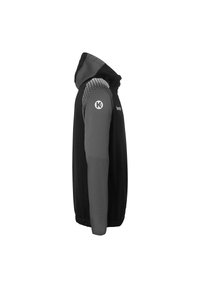 Veste noire et grise avec capuche, présentant un motif texturé sur les épaules et des poignets élastiques. Logo sur le haut du bras.