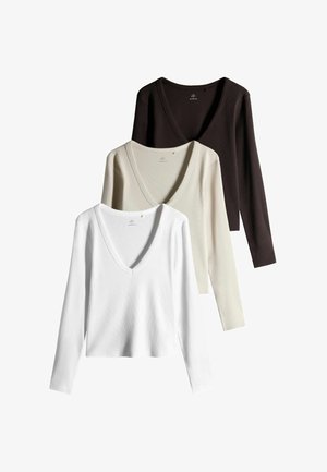 THE SET, 3 PACK V-NECK LONG SLEEVE RIBBED T-SHIRTS - Top s dlhým rukávom - brown neutra white