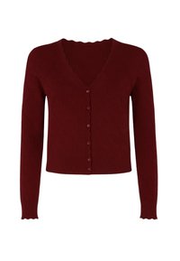 Cardigan buttonato rosso scuro con maniche lunghe, bordi a zigzag e un sottile motivo a diamante in rilievo con le iniziali "YZ".