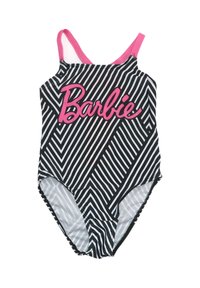 Costume da bagno a righe bianche e nere con dettagli rosa, caratterizzato da un grande logo "Barbie" rosa sulla parte frontale e spalline sottili.