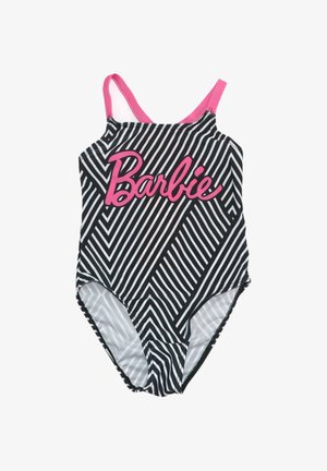 Costume da bagno a righe bianche e nere con dettagli rosa, caratterizzato da un grande logo "Barbie" rosa sulla parte frontale e spalline sottili.