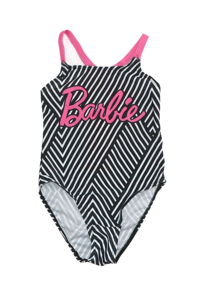 Costume da bagno a righe bianche e nere con dettagli rosa, caratterizzato da un grande logo "Barbie" rosa sulla parte frontale e spalline sottili.