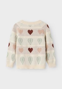 Strickpullover in Creme mit abwechselnden Reihen von Herzen und Heißluftballons in zartem Pink, Rot und Grün. Rippbündchen an den Ärmeln und am Ausschnitt.