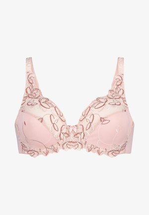 Soutien-gorge rose avec un voile en dentelle transparente, ornée de broderies florales, bretelles réglables et un petit nœud central. Matière textile douce.