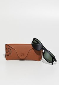 Gafas de sol negras con lentes verdes exhibidas junto a un estuche de cuero marrón texturizado que cuenta con un logo redondo y un cierre a presión.