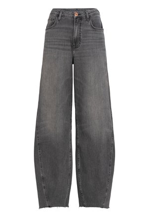 Wijd uitlopende spijkerbroek in donkergrijze denim, met vijf zakken, een knoopsluiting en een onafgewerkte zoom. Gladde textuur met subtiele vervaging aan de voorkant.