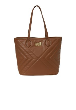 Bruine leren shopper met dubbele handvatten, visgraatstiksels en goudkleurig Cavalli Class-logo op het voorste midden.