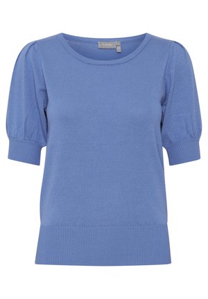 Modra kratka majica s kratkimi rokavi, z rebrastim izrezom in robom, ki ima teksturirano tkanino in napihnjene rokave za dodatno volumen.