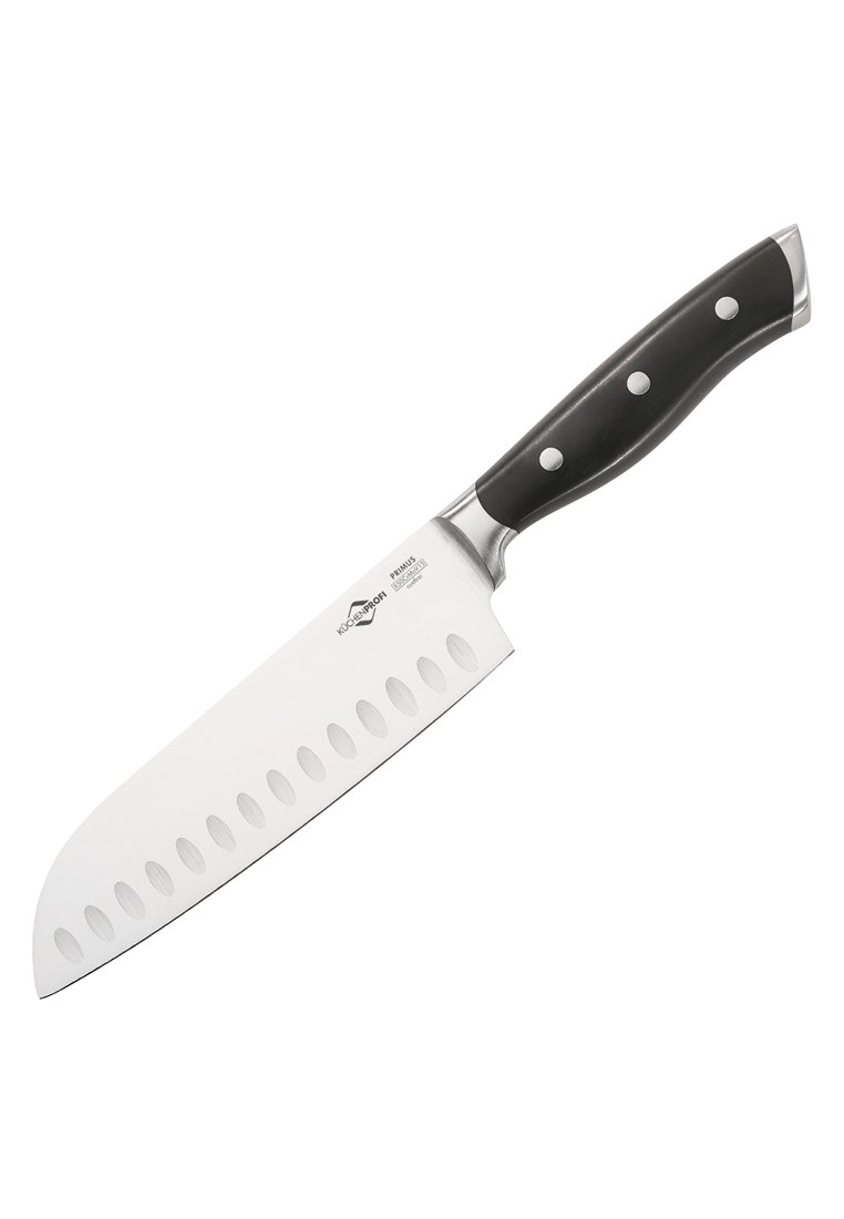 Coltello da chef con lama in acciaio inossidabile e manico in materiale sintetico nero. La lama presenta incisioni ovali per ridurre l'adesione.