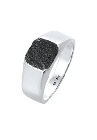 Men's ring made of silver with a polished finish. It features a textured black accent on top and a smooth, rounded band. Marked 925 inside.