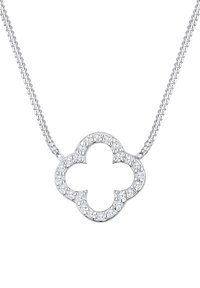 Collana d'argento con ciondolo a quadrifoglio decorato con cristalli trasparenti, su una delicata catena con finitura testurizzata.