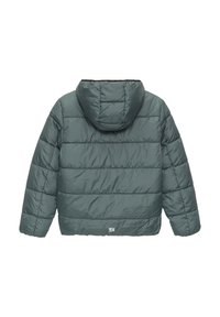 Dunkelgrüne gepolsterte Jacke mit Kapuze. Verfügt über horizontale Nähte und ein kleines Logodetail am Saum. Glattes, leichtes Material.