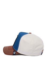 Cappello da baseball con parte anteriore crema, cima blu e visiera marrone. Accenti cuciti in bianco. Etichetta del logo laterale visibile. Design strutturato.