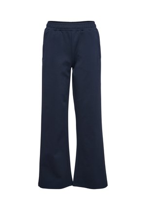 Marineblaue Hose mit weitem Bein, elastischem Bund und Seitentaschen, entworfen für Freizeit- oder Sportbekleidung.