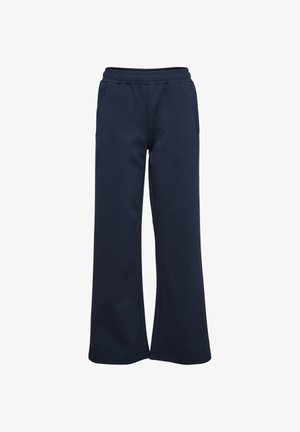 Marineblauwe broek met wijde pijpen, elastische tailleband en zijzakken, ontworpen voor casual of sportief gebruik.