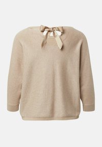 Beżowy pulower z okrągłym dekoltem, rękawami za łokieć i kokardką z tyłu. Miękka dzianina, luźny fason.