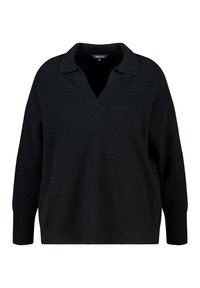 Zwarte oversized trui met een V-hals en kraag, voorzien van lange mouwen en een zachte, gestructureerde stof. Minimalistisch ontwerp zonder patronen.