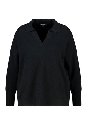 Zwarte oversized trui met een V-hals en kraag, voorzien van lange mouwen en een zachte, gestructureerde stof. Minimalistisch ontwerp zonder patronen.