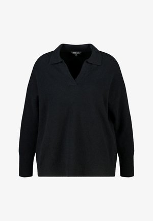 Pull noir surdimensionné avec col en V, doté de manches longues et d'un tissu doux et texturé. Design minimaliste sans motifs.