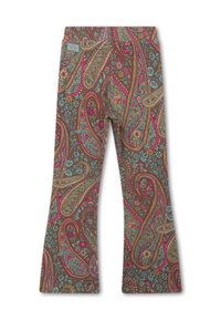 Uitlopende broek gemaakt van stof met een bruine achtergrond en kleurrijke paisley- en bloemenpatronen in roze en blauw. Elastische tailleband zichtbaar.