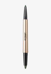 Dobbeltsidig eyeliner med en gullmetallmidte og svarte ender. Den ene enden har en grønn blyantspiss; den andre enden har en matchende spiss.