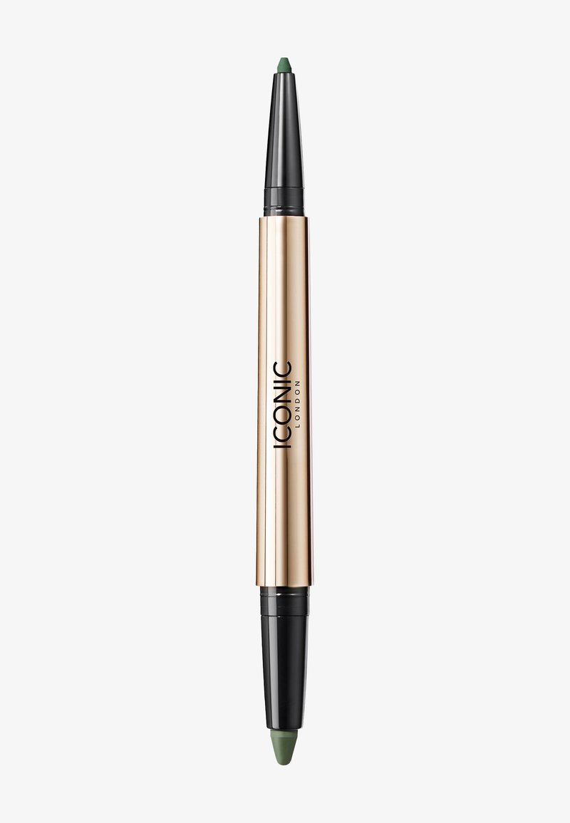 Dobbeltsidig eyeliner med en gullmetallmidte og svarte ender. Den ene enden har en grønn blyantspiss; den andre enden har en matchende spiss.