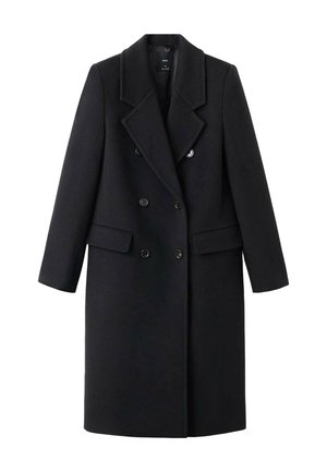 Dwurzędowy czarny wełniany płaszcz z klapowanym kołnierzem, bocznymi kieszeniami i sześcioma guzikami z przodu. Dostosowana sylwetka i długie rękawy.