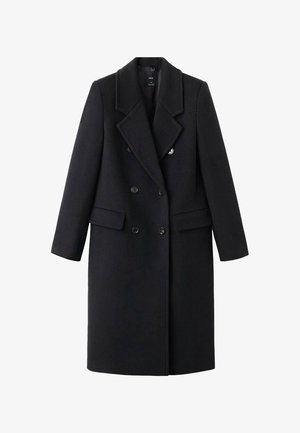 Dwurzędowy czarny wełniany płaszcz z klapowanym kołnierzem, bocznymi kieszeniami i sześcioma guzikami z przodu. Dostosowana sylwetka i długie rękawy.
