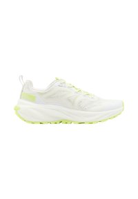 White athletic shoe with lime green accents, mesh upper, and textured sole. Features a thick midsole and reinforced heel tab for support.