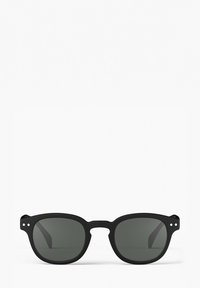 Czarne prostokątne okulary przeciwsłoneczne z ciemnoszarymi soczewkami, z solidną plastikową ramą i małymi okrągłymi akcentami w okolicach świątyń.