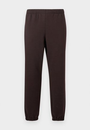 Pantalon de survêtement marron foncé avec taille et poignets élastiques, coupe droite, présenté sur un fond clair uni.