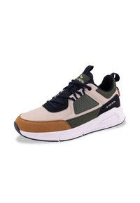 Sneakers da uomo con un design in suede di rosa chiaro, blu scuro, verde oliva e beige. Presentano una suola bianca imbottita e dettagli perforati.